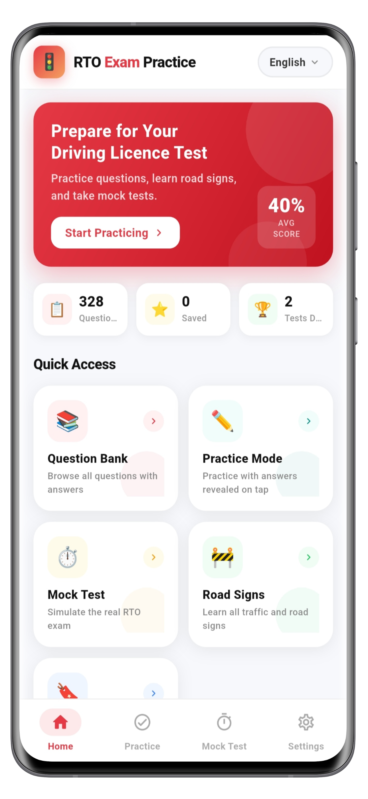 RTO Exam Practice app home screen showing learning licence test categories in English and Hindi
