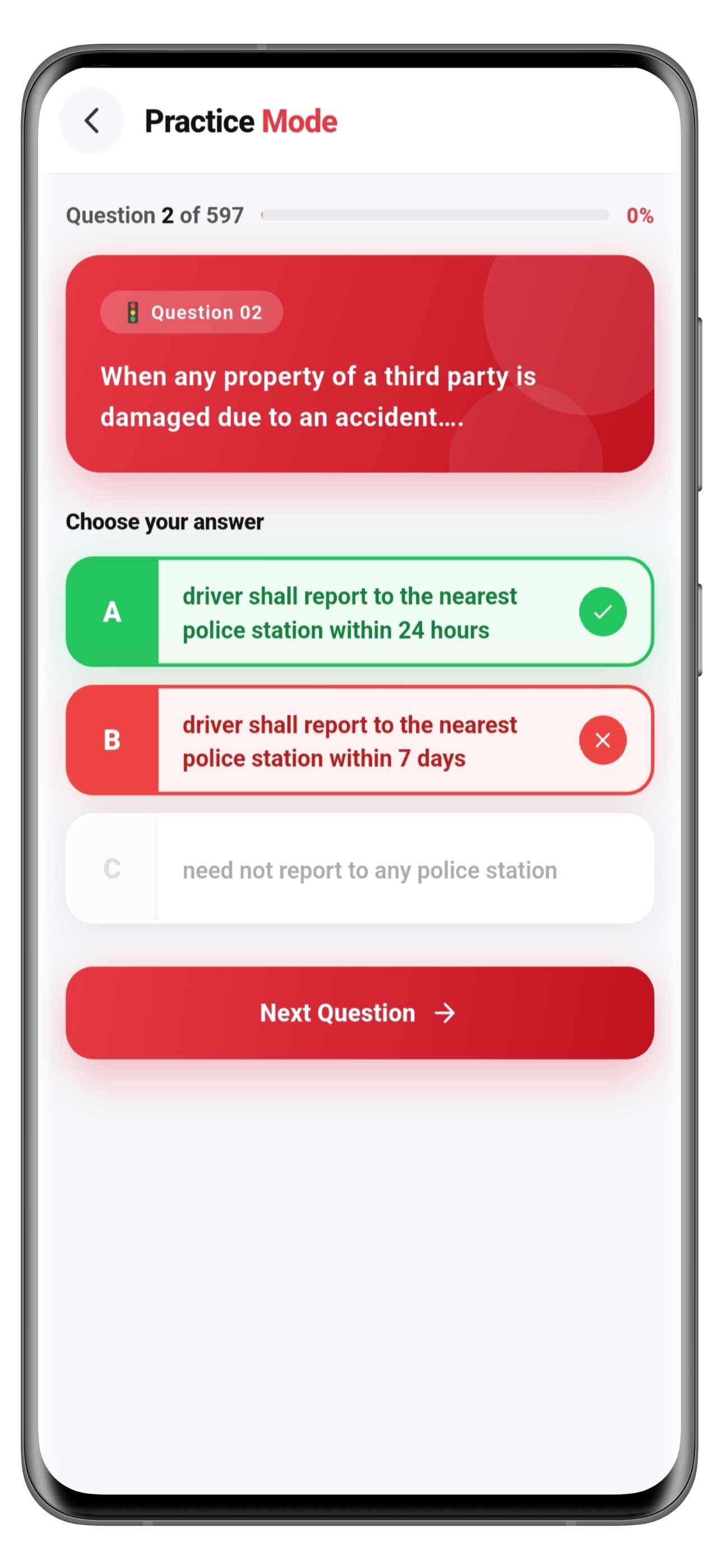 Detailed answer explanation screen for LLR test questions in Hindi